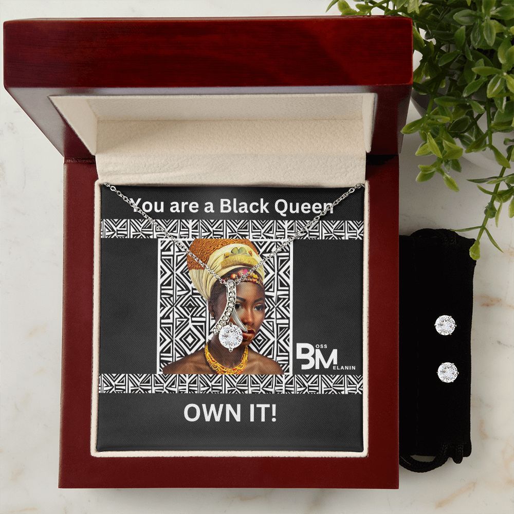 Black Queen matching pendat & neclace with earrings - Matching Earrings and pendant chain - Perfect Black woman gift encrusted with Zirconia