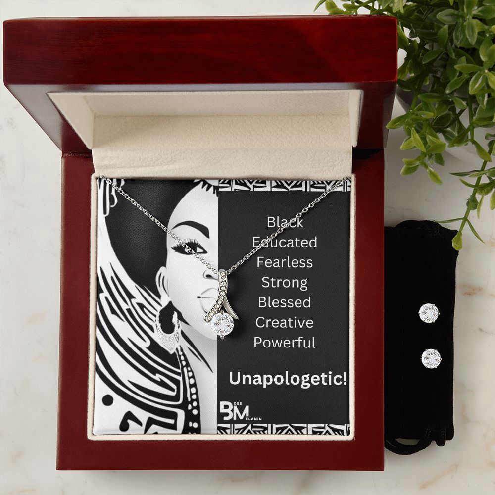 Fearless & Strong - Matching Earrings and pendant chain - Perfect Black woman gift encrusted with Zirconia
