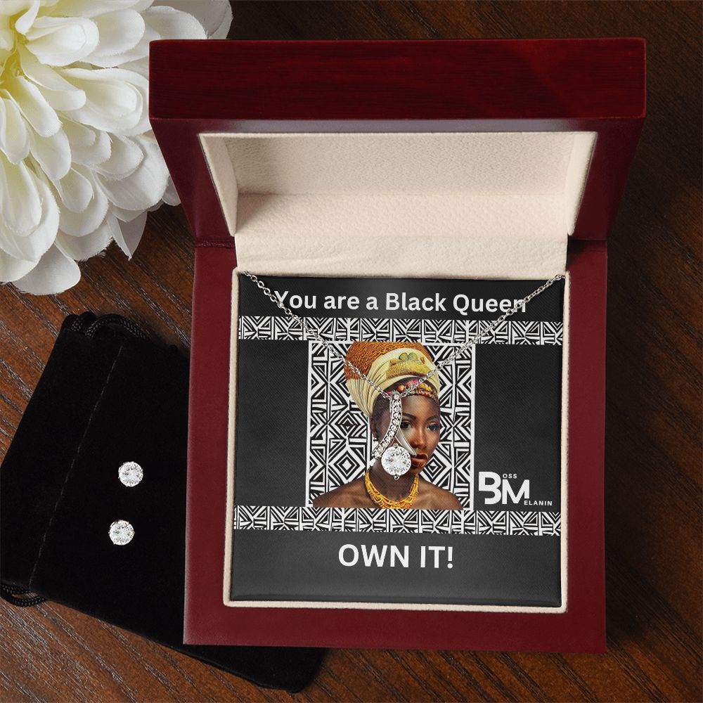 Black Queen matching pendat & neclace with earrings - Matching Earrings and pendant chain - Perfect Black woman gift encrusted with Zirconia