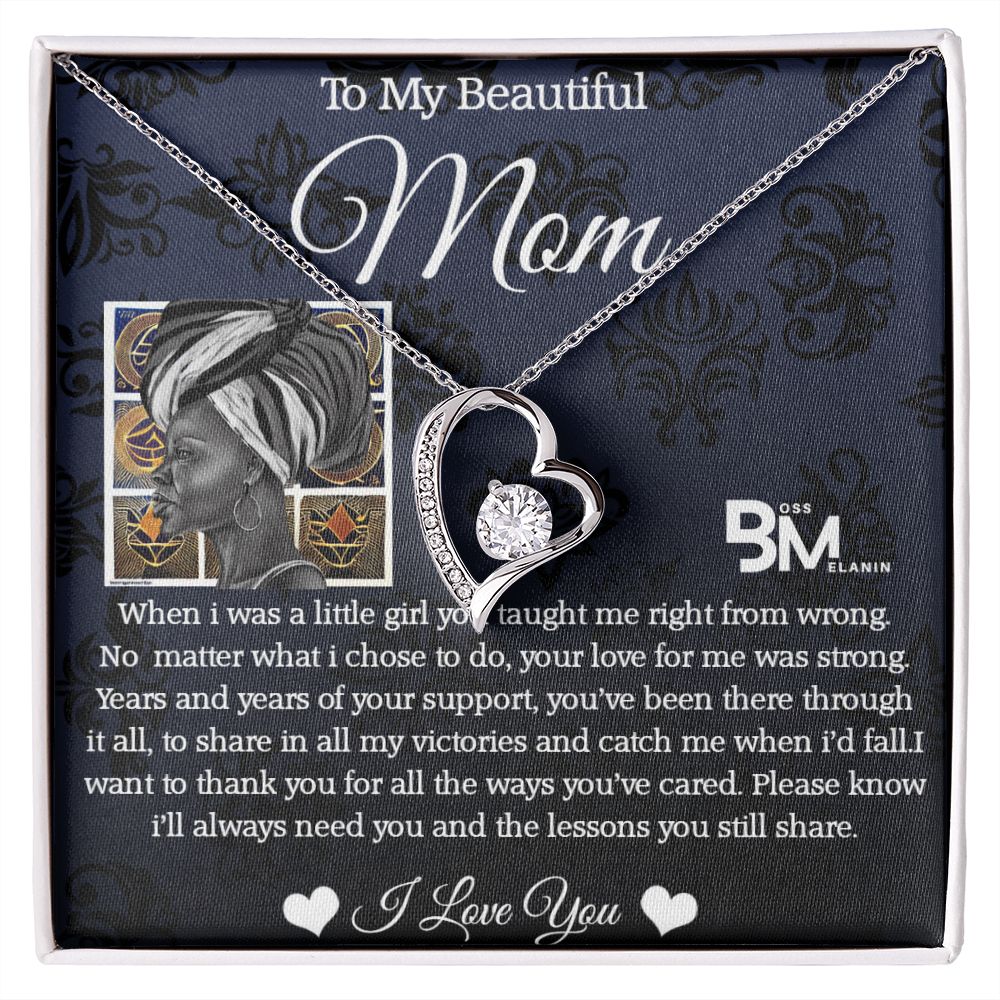To My Beautiful Black Mom, Melanin Black Mother special Heart Shaped Silver Necklace with unique Gift card