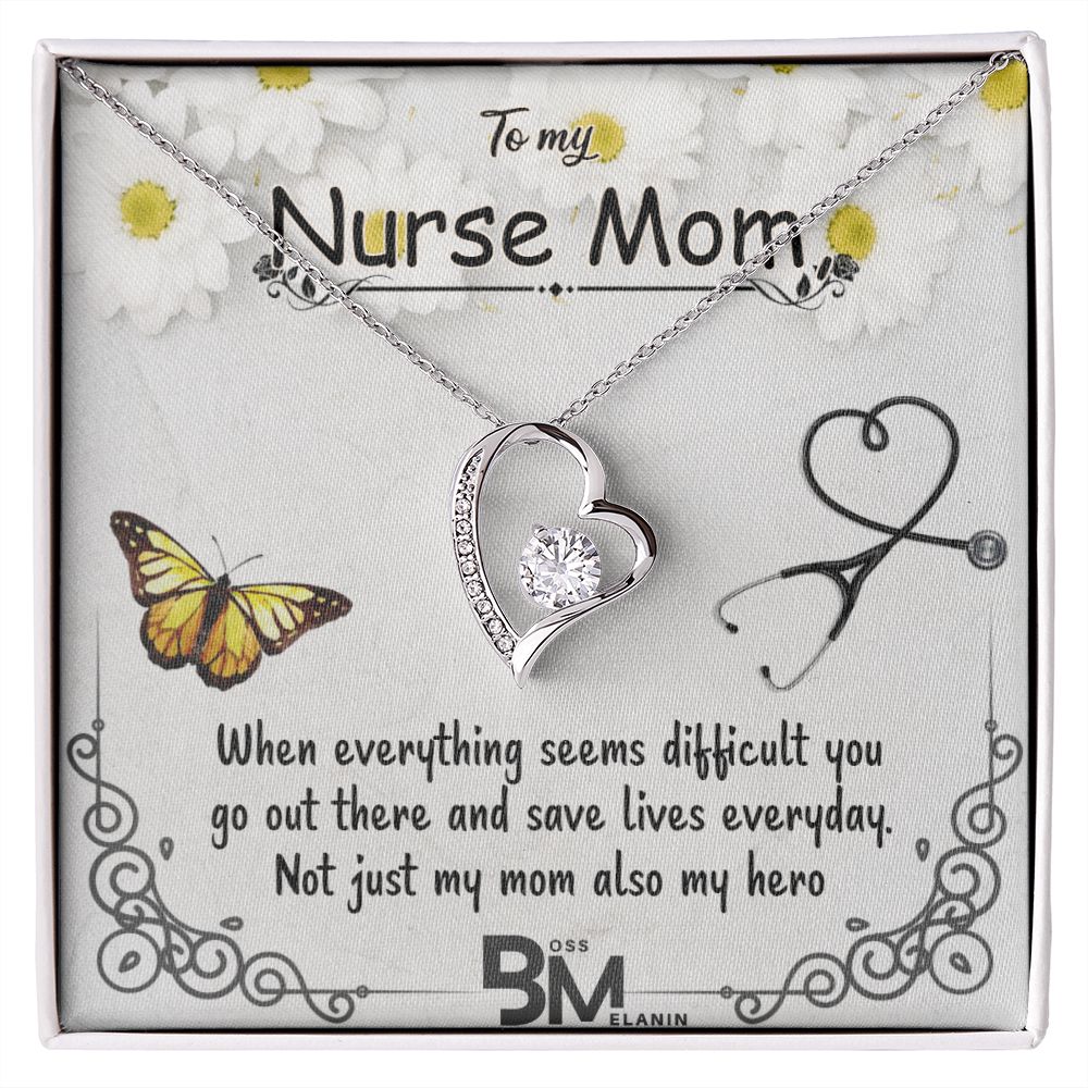 To My Beautiful Nurse Mom, Nurse Mother special Heart Shaped White Gold Plated Necklace with unique Gift card message