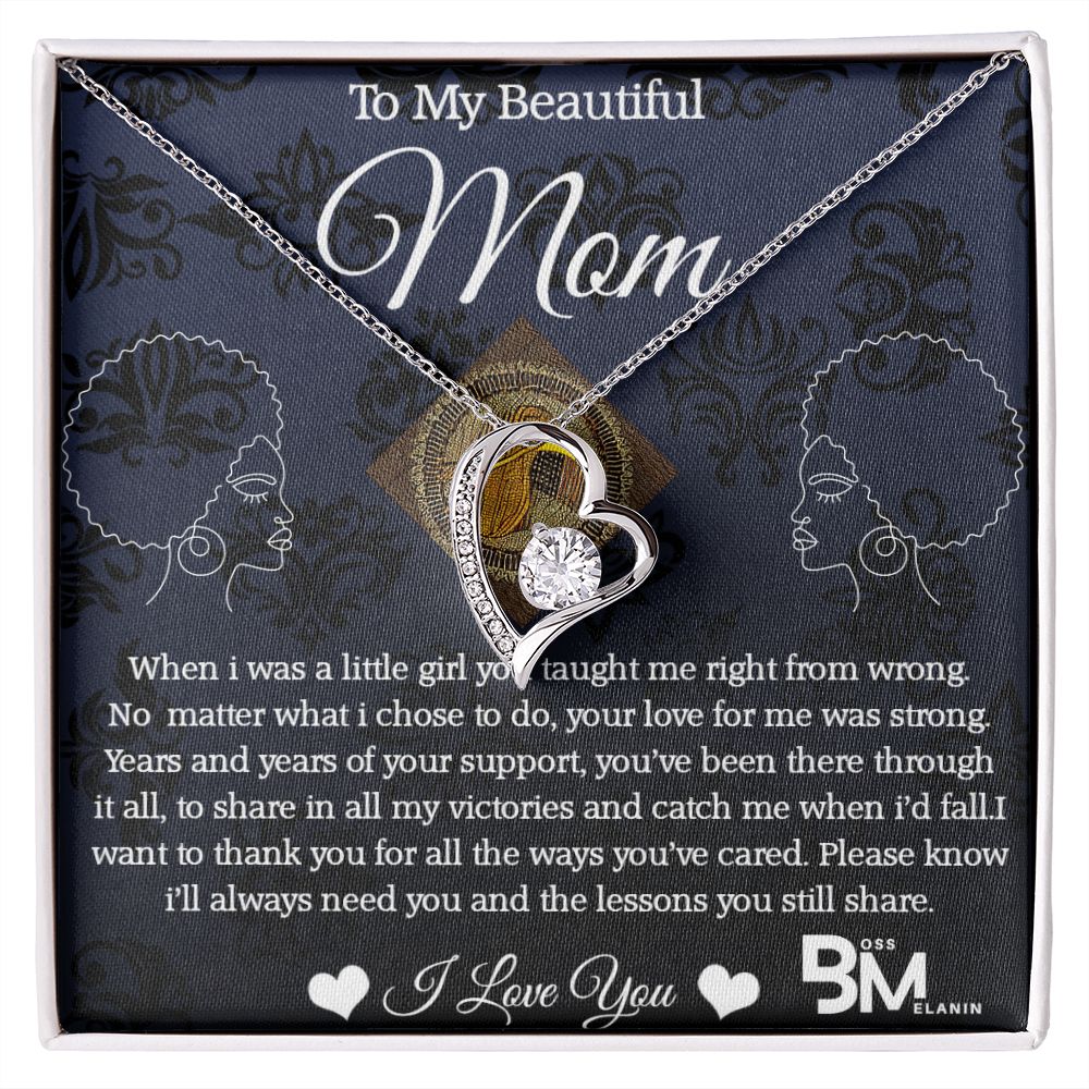 Black daughter to Beautiful Black Mom special gift, Melanin Black Mother special Heart Shaped White Gold Plated Necklace