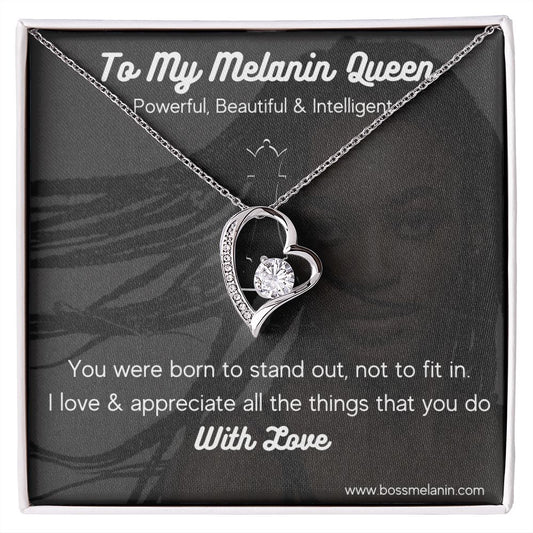 Melanin Queen Gift Necklace, Born to standout Melanin Black Woman special Heart Shaped White Gold Plated Necklace with unique Gift card message