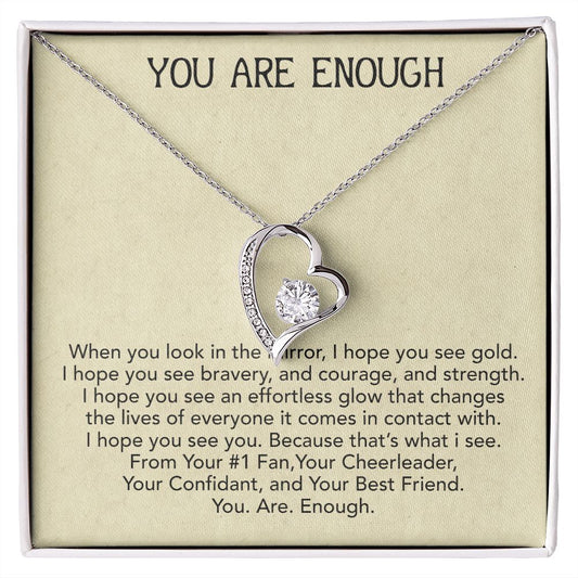 You are enough, Melanin Black Woman special Heart Shaped White Gold Plated Necklace with unique Gift card message