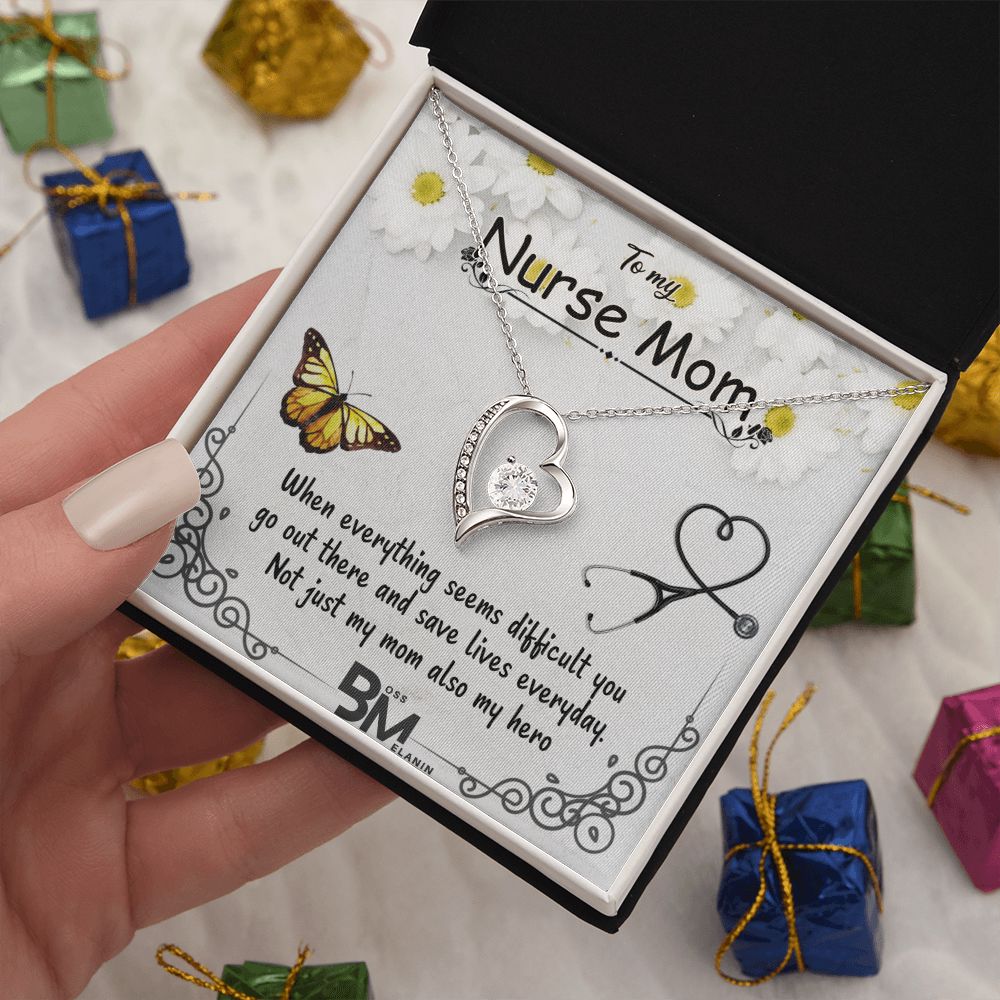 To My Beautiful Nurse Mom, Nurse Mother special Heart Shaped White Gold Plated Necklace with unique Gift card message