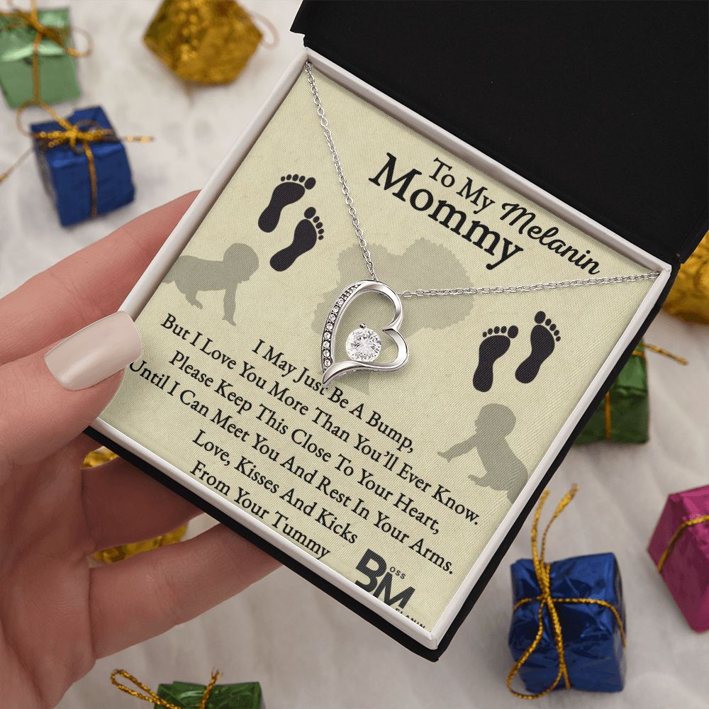 Pregnant Beautiful Black Mom Gift, Melanin Black pregnant Mother special Heart Shaped White Gold Plated Necklace with unique Gift card message.