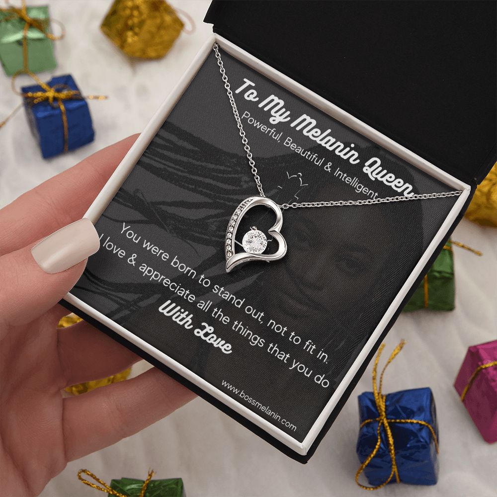 Melanin Queen Gift Necklace, Born to standout Melanin Black Woman special Heart Shaped White Gold Plated Necklace with unique Gift card message