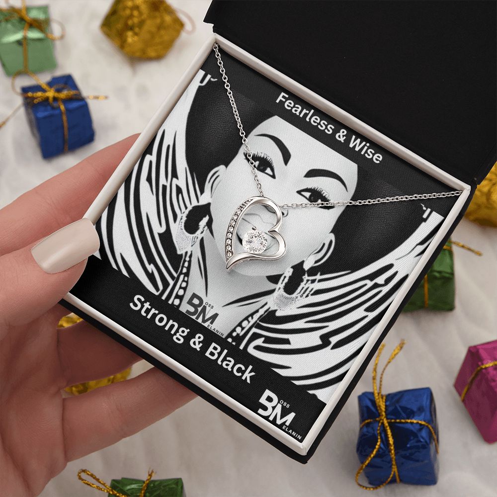 Fearless & Wise, strong Black Woman, Melanin Black Woman special Heart Shaped White Gold Plated Necklace