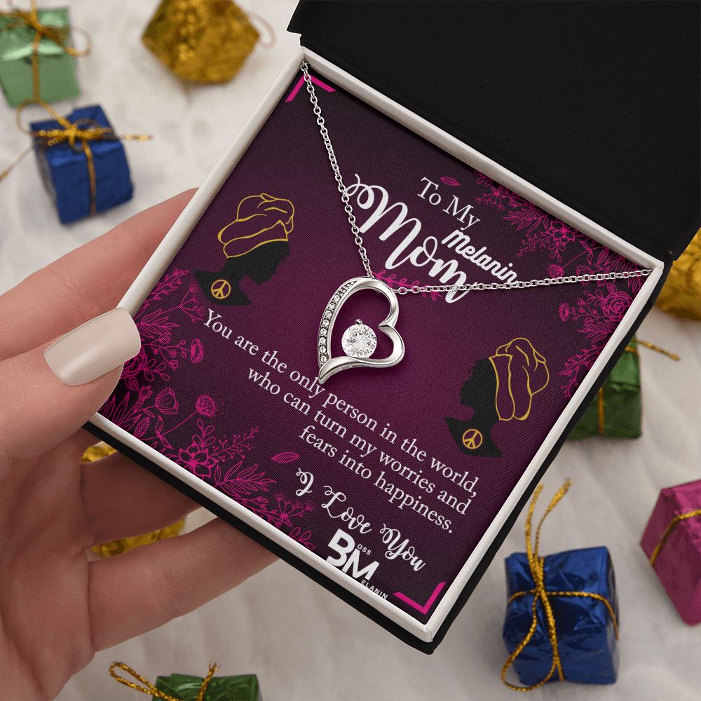 To My Beautiful Black Mom, Melanin Black Mother special Heart Shaped White Gold Plated Necklace with unique Gift card message