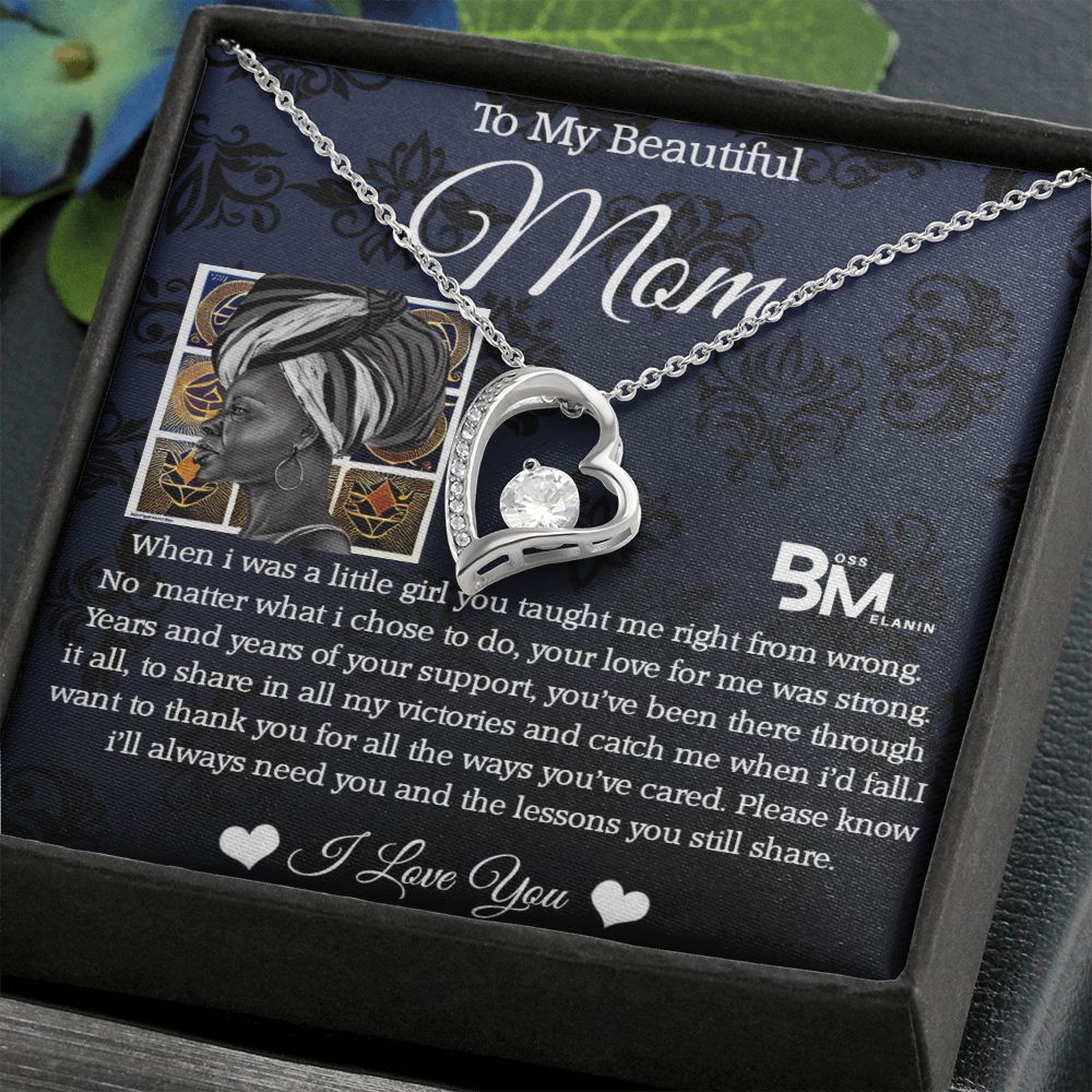 To My Beautiful Black Mom, Melanin Black Mother special Heart Shaped Silver Necklace with unique Gift card