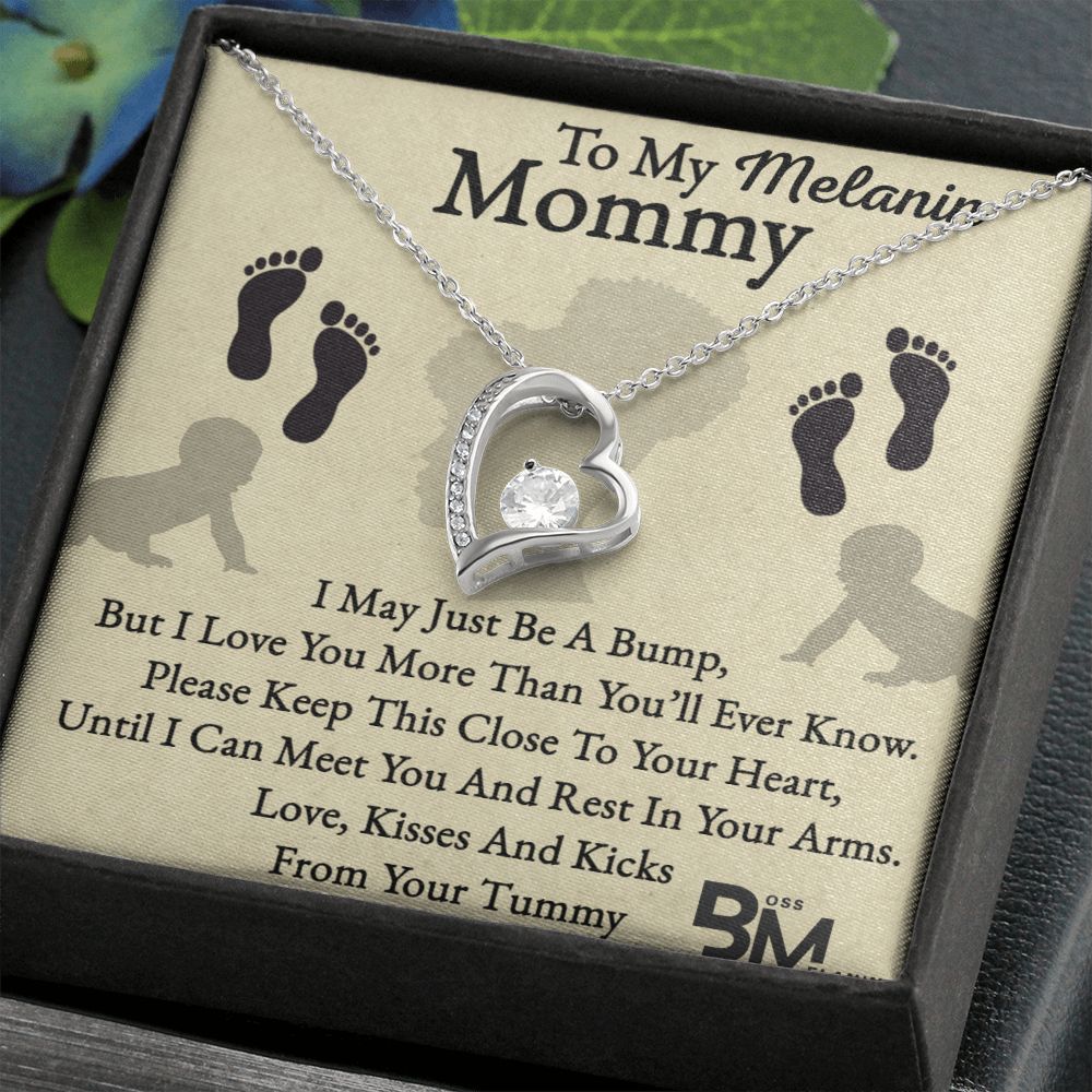 Pregnant Beautiful Black Mom Gift, Melanin Black pregnant Mother special Heart Shaped White Gold Plated Necklace with unique Gift card message.