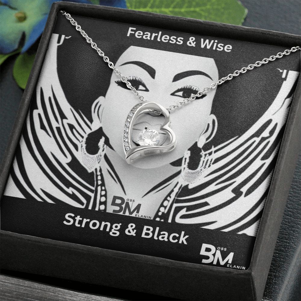 Fearless & Wise, strong Black Woman, Melanin Black Woman special Heart Shaped White Gold Plated Necklace