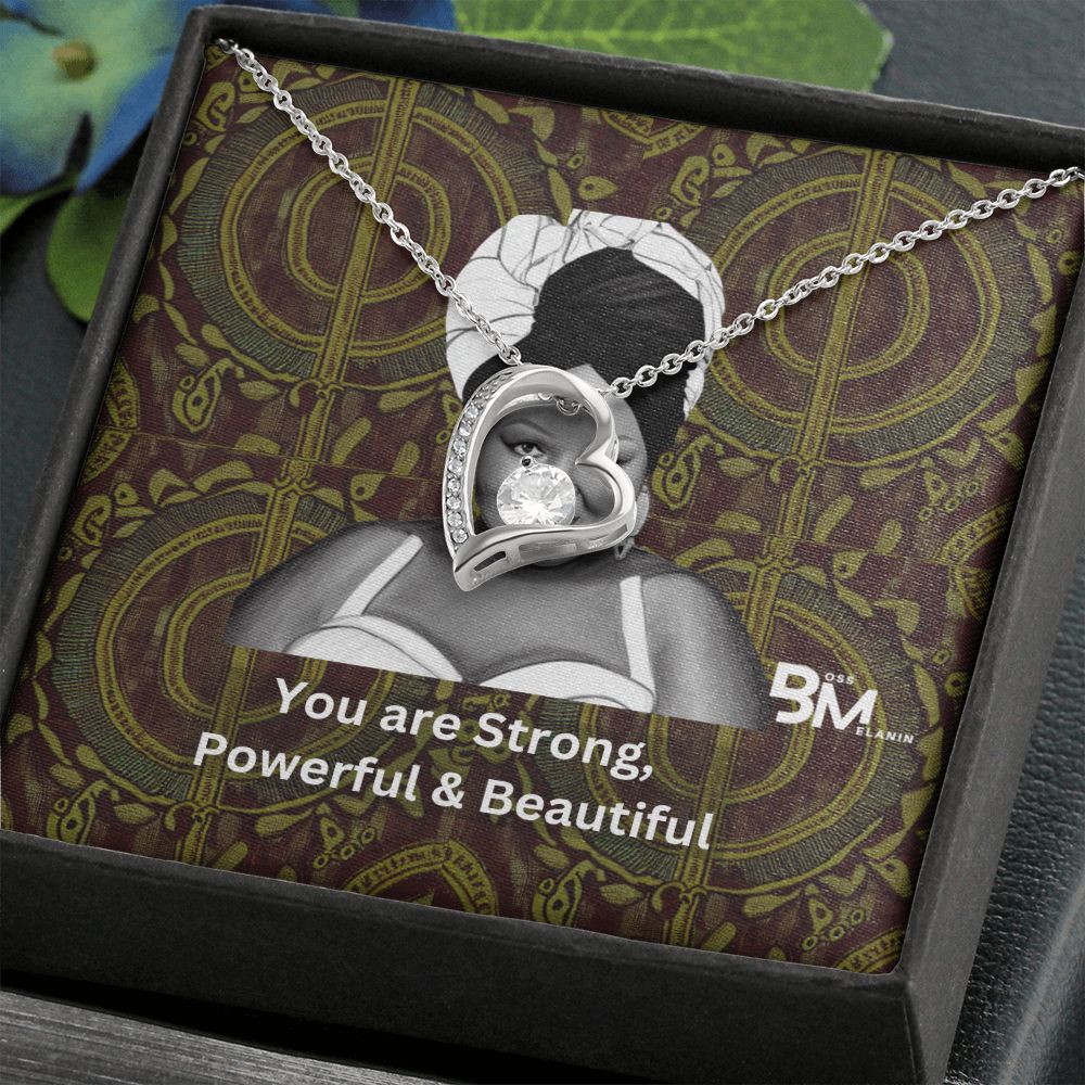 Beautiful, strong Black Woman, Melanin Black Woman special Heart Shaped White Gold Plated Necklace with unique Gift card message