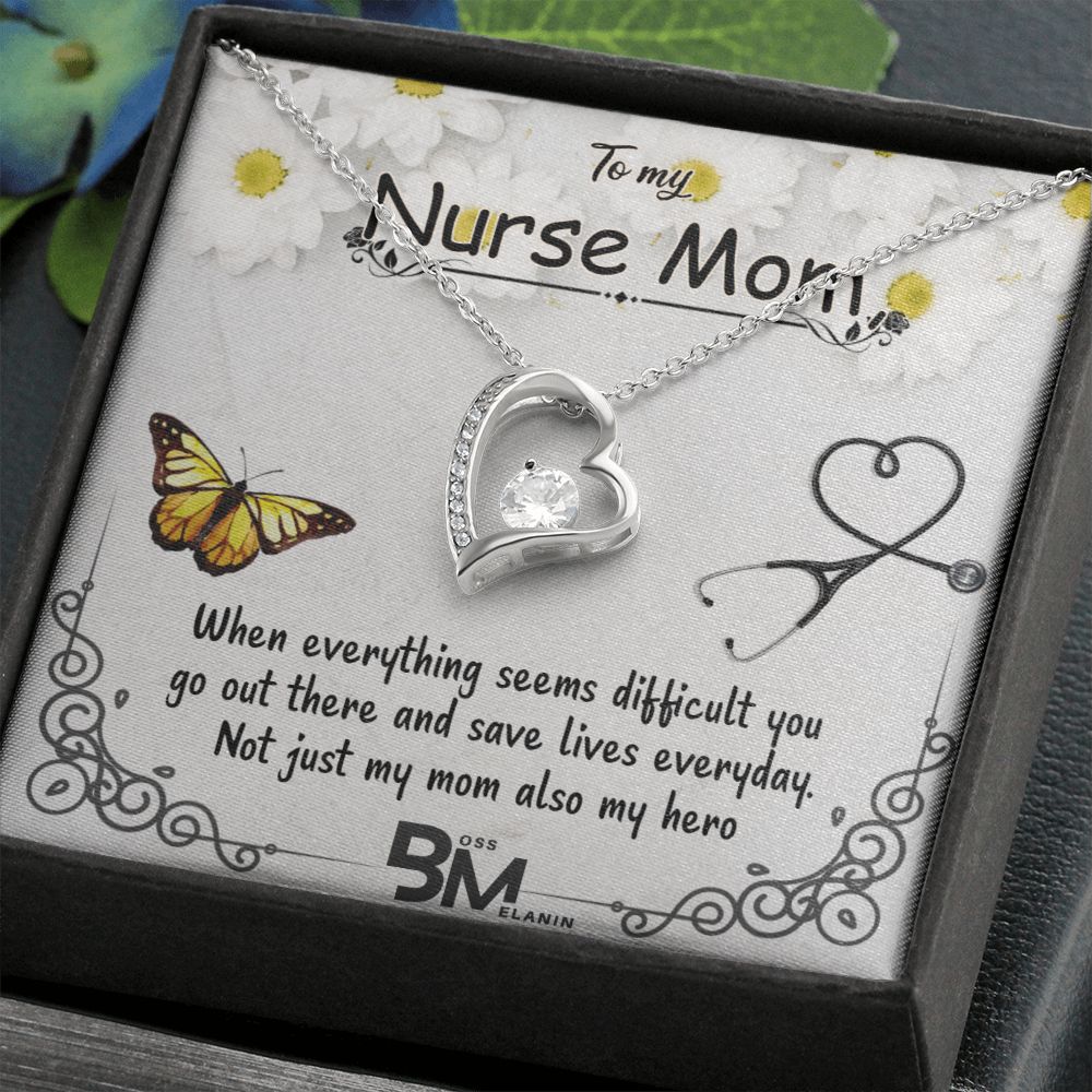To My Beautiful Nurse Mom, Nurse Mother special Heart Shaped White Gold Plated Necklace with unique Gift card message