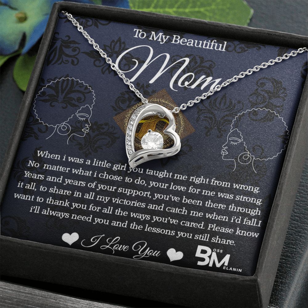 Black daughter to Beautiful Black Mom special gift, Melanin Black Mother special Heart Shaped White Gold Plated Necklace