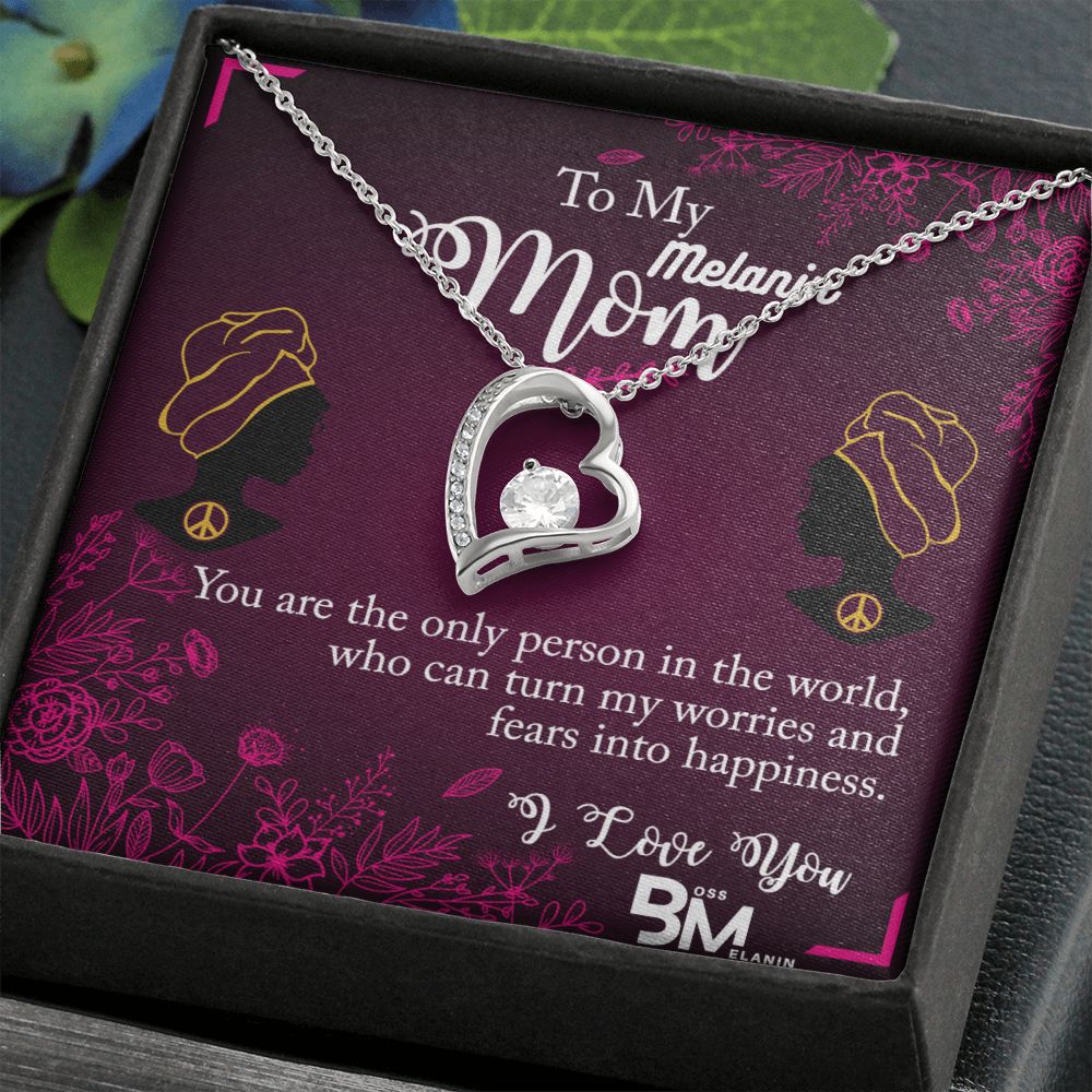 To My Beautiful Black Mom, Melanin Black Mother special Heart Shaped White Gold Plated Necklace with unique Gift card message