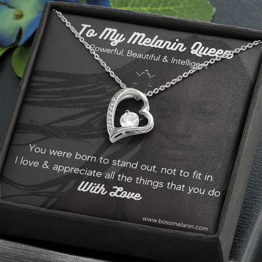 Melanin Queen Gift Necklace, Born to standout Melanin Black Woman special Heart Shaped White Gold Plated Necklace with unique Gift card message