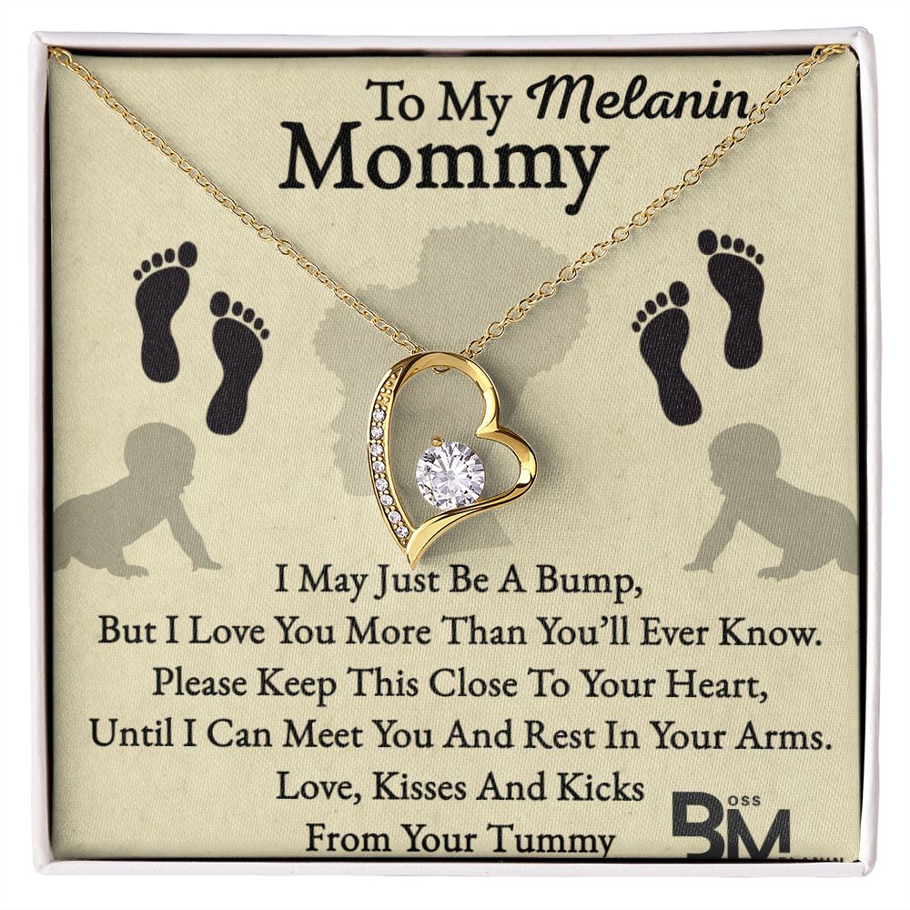 Pregnant Beautiful Black Mom Gift, Melanin Black pregnant Mother special Heart Shaped White Gold Plated Necklace with unique Gift card message.