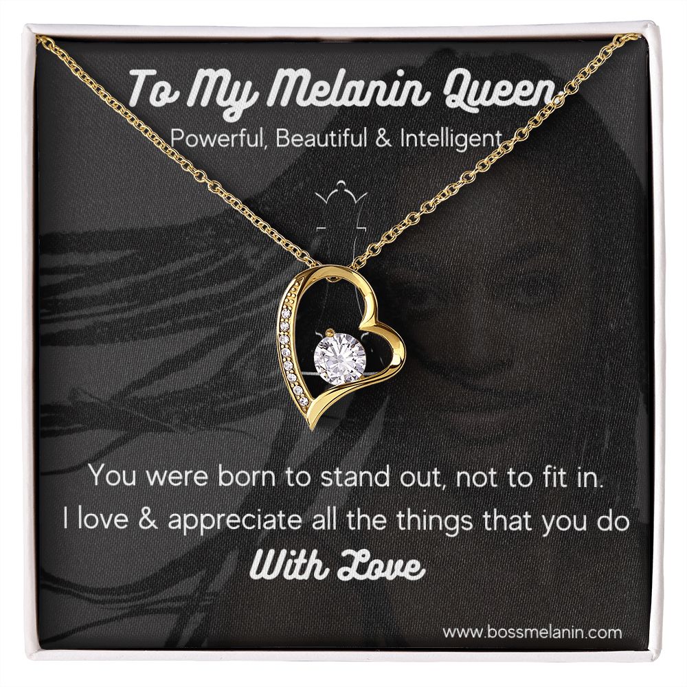 Melanin Queen Gift Necklace, Born to standout Melanin Black Woman special Heart Shaped White Gold Plated Necklace with unique Gift card message