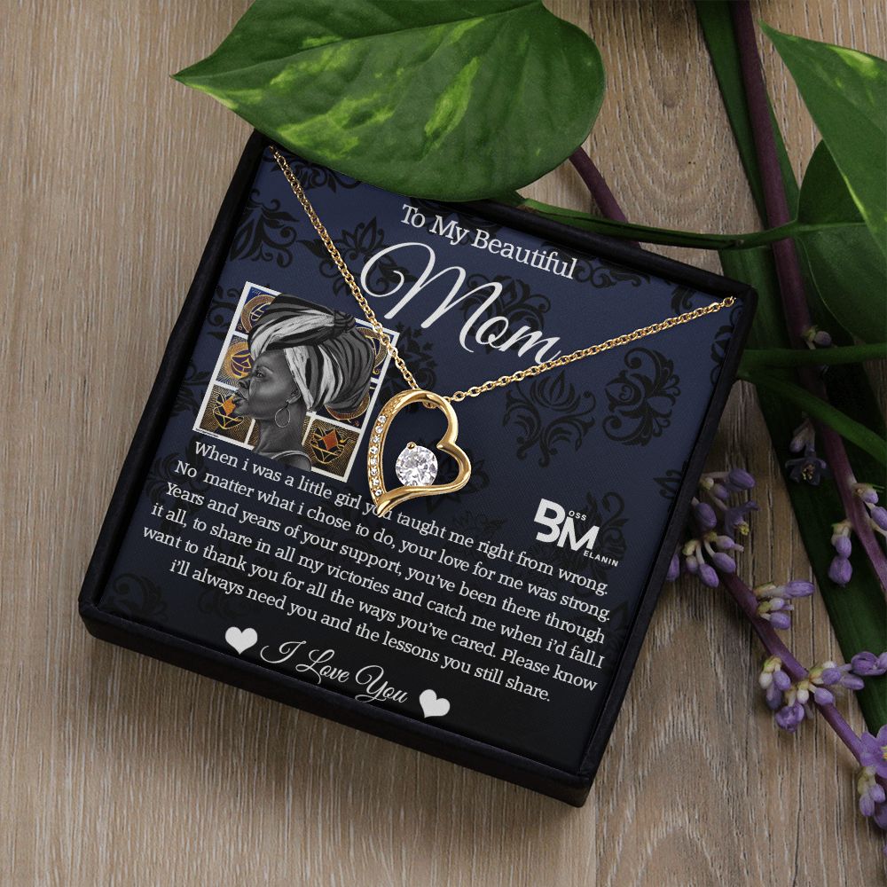 To My Beautiful Black Mom, Melanin Black Mother special Heart Shaped Silver Necklace with unique Gift card
