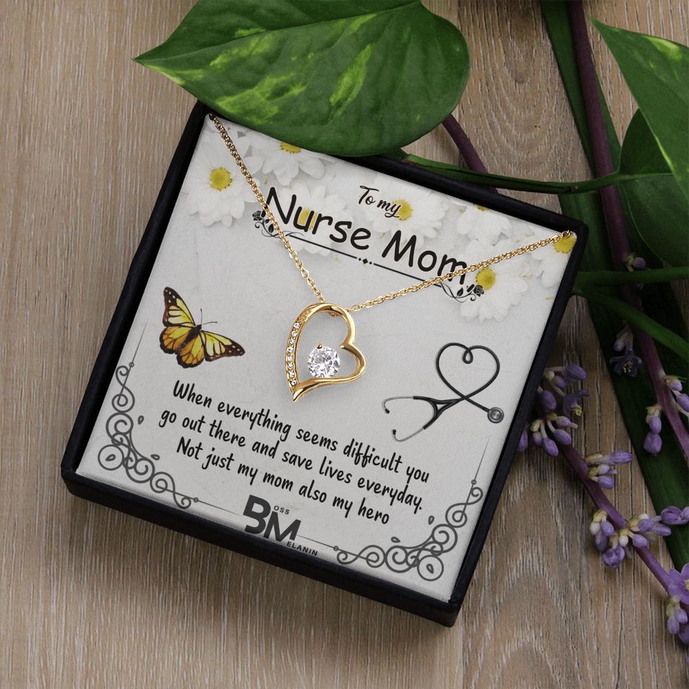 To My Beautiful Nurse Mom, Nurse Mother special Heart Shaped White Gold Plated Necklace with unique Gift card message