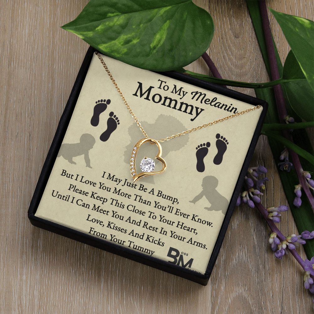 Pregnant Beautiful Black Mom Gift, Melanin Black pregnant Mother special Heart Shaped White Gold Plated Necklace with unique Gift card message.
