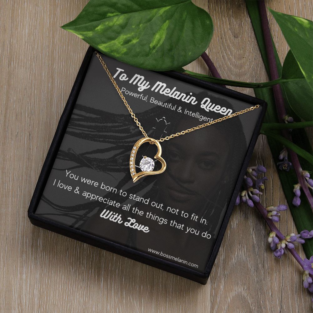 Melanin Queen Gift Necklace, Born to standout Melanin Black Woman special Heart Shaped White Gold Plated Necklace with unique Gift card message
