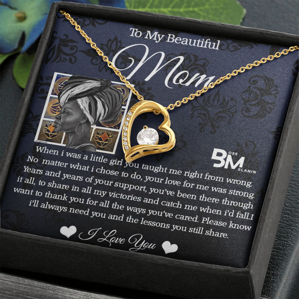 To My Beautiful Black Mom, Melanin Black Mother special Heart Shaped Silver Necklace with unique Gift card