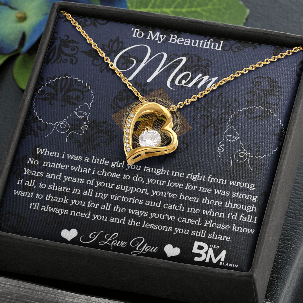 Black daughter to Beautiful Black Mom special gift, Melanin Black Mother special Heart Shaped White Gold Plated Necklace