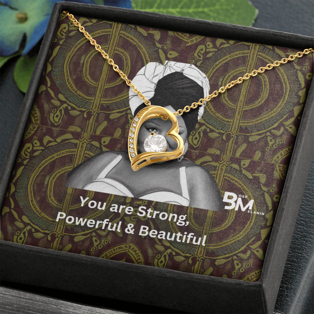 Beautiful, strong Black Woman, Melanin Black Woman special Heart Shaped White Gold Plated Necklace with unique Gift card message