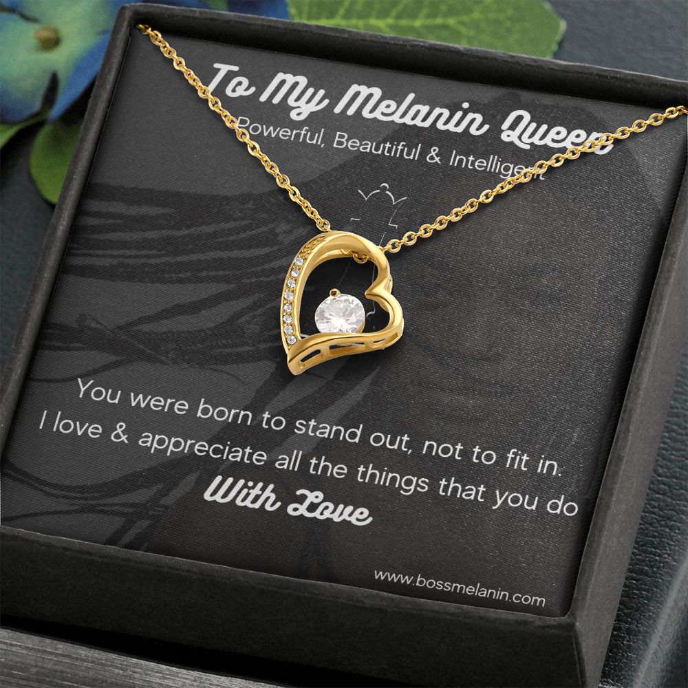 Melanin Queen Gift Necklace, Born to standout Melanin Black Woman special Heart Shaped White Gold Plated Necklace with unique Gift card message