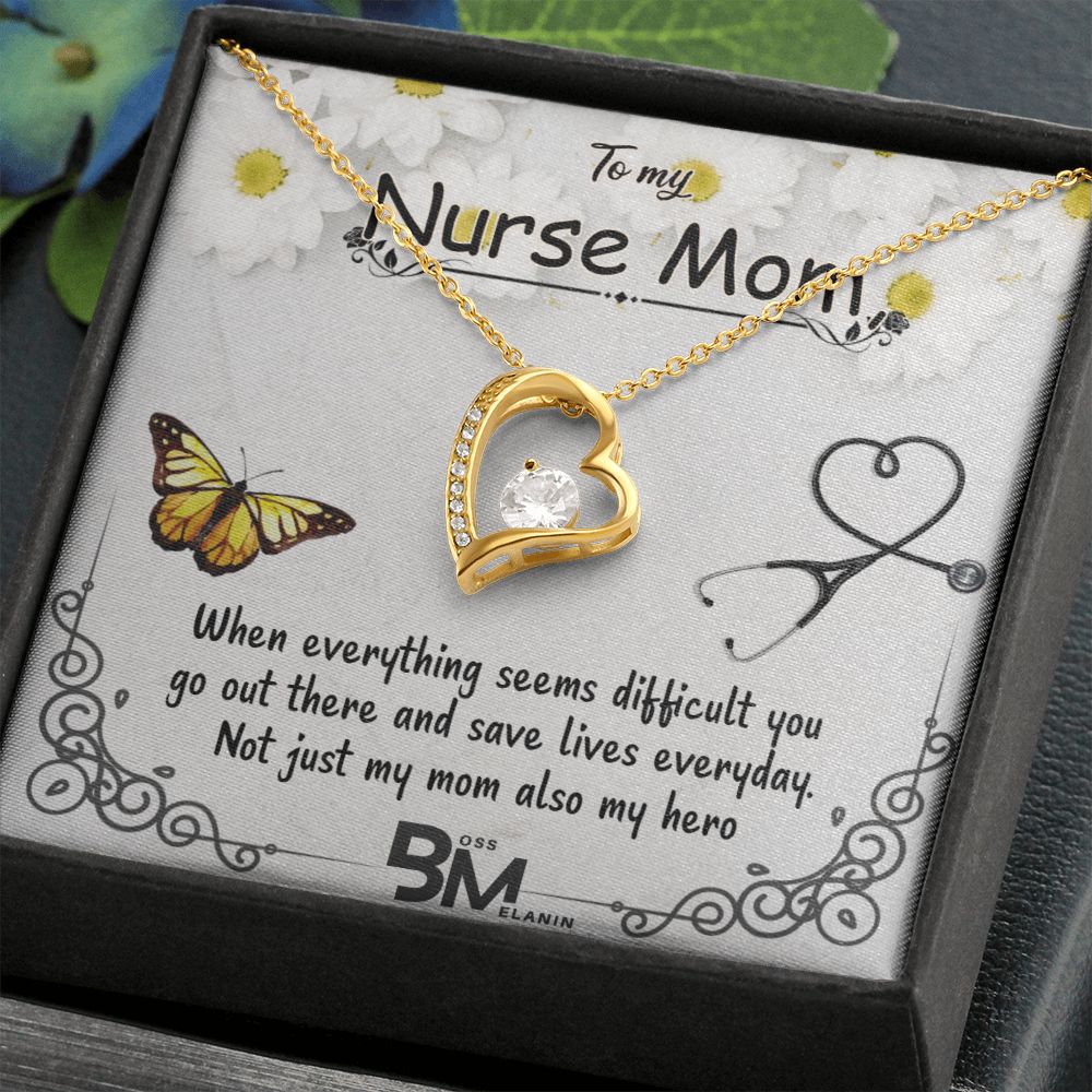 To My Beautiful Nurse Mom, Nurse Mother special Heart Shaped White Gold Plated Necklace with unique Gift card message