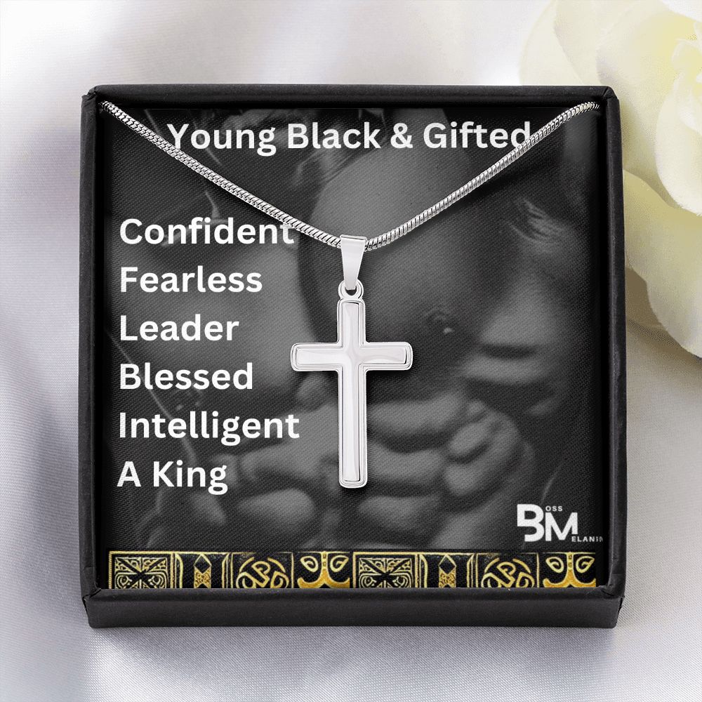 Young Gifted & Black - Jewelry Gift - High quality stainless steel cross & chain for, strong Black man, Melanin Black man