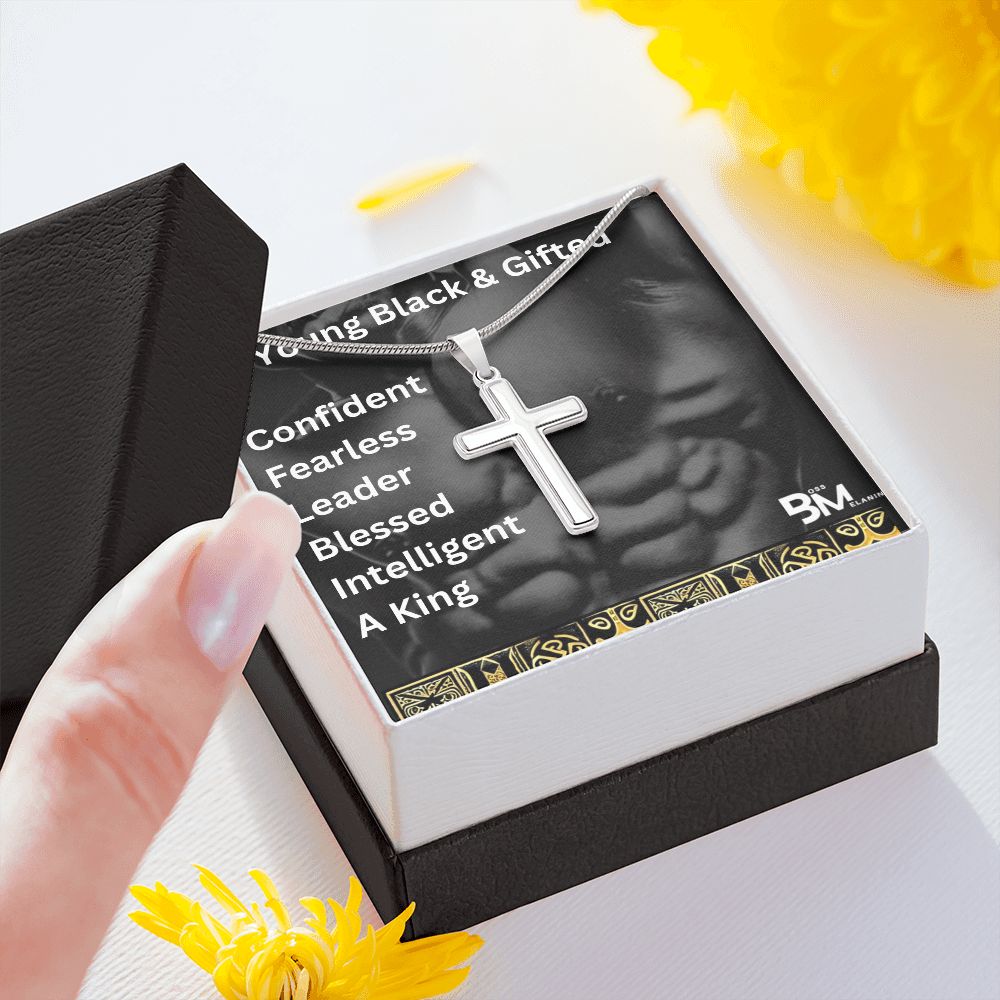 Young Gifted & Black - Jewelry Gift - High quality stainless steel cross & chain for, strong Black man, Melanin Black man