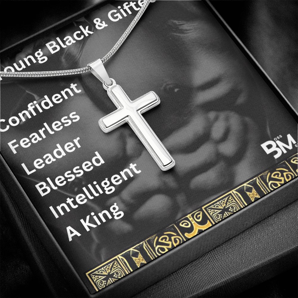 Young Gifted & Black - Jewelry Gift - High quality stainless steel cross & chain for, strong Black man, Melanin Black man