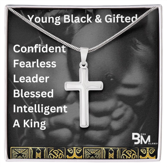 Young Gifted & Black - Jewelry Gift - High quality stainless steel cross & chain for, strong Black man, Melanin Black man