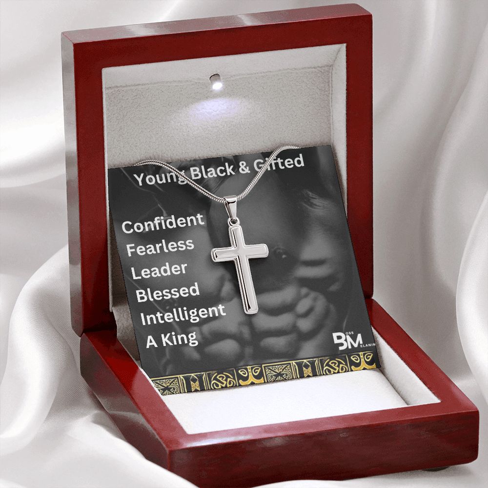 Young Gifted & Black - Jewelry Gift - High quality stainless steel cross & chain for, strong Black man, Melanin Black man