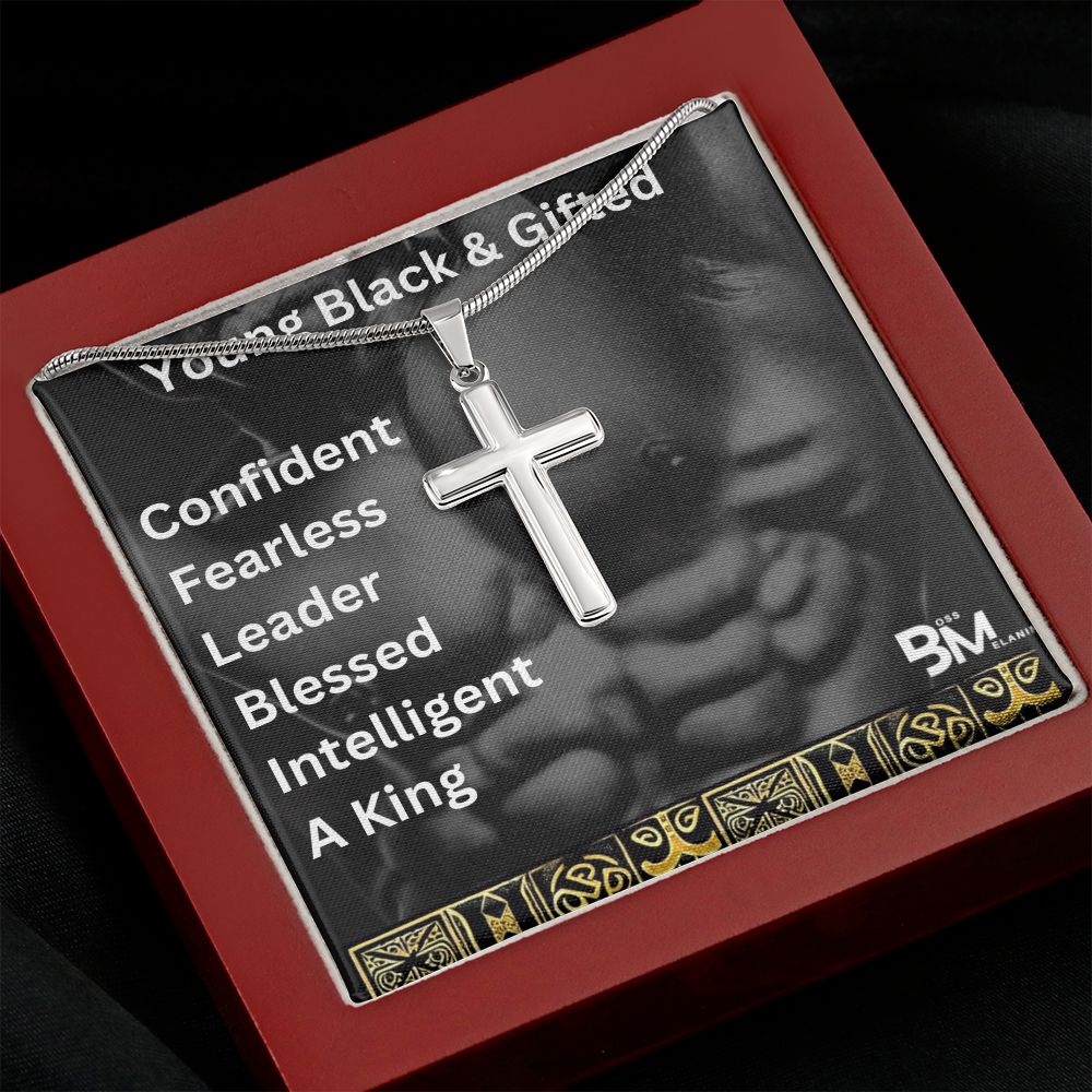 Young Gifted & Black - Jewelry Gift - High quality stainless steel cross & chain for, strong Black man, Melanin Black man