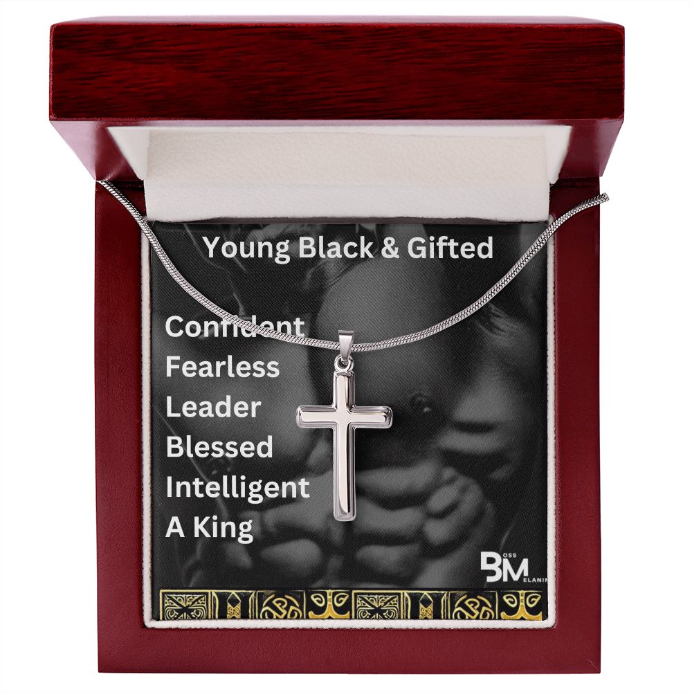 Young Gifted & Black - Jewelry Gift - High quality stainless steel cross & chain for, strong Black man, Melanin Black man