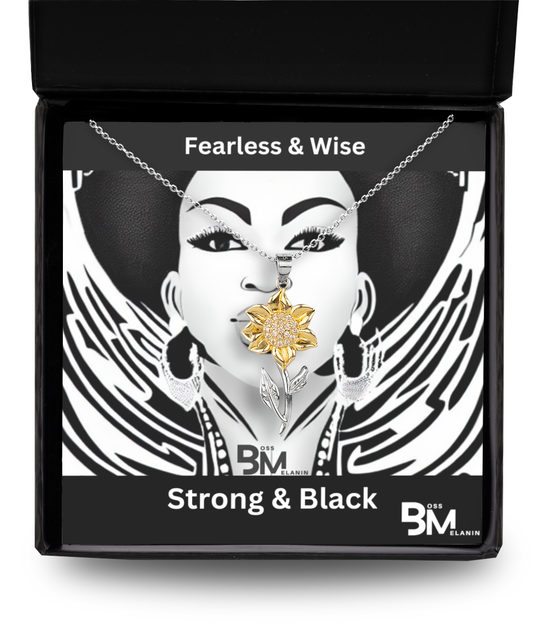 Fearless and Wise Black woman Sunflower Gold & Silver Pendant with Message Card