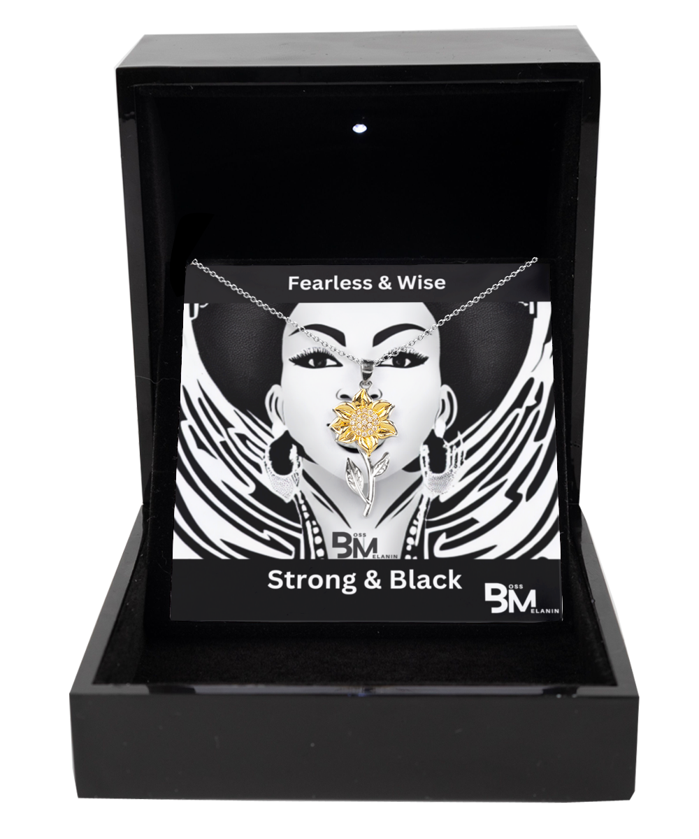 Fearless and Wise Black woman Sunflower Gold & Silver Pendant with Message Card