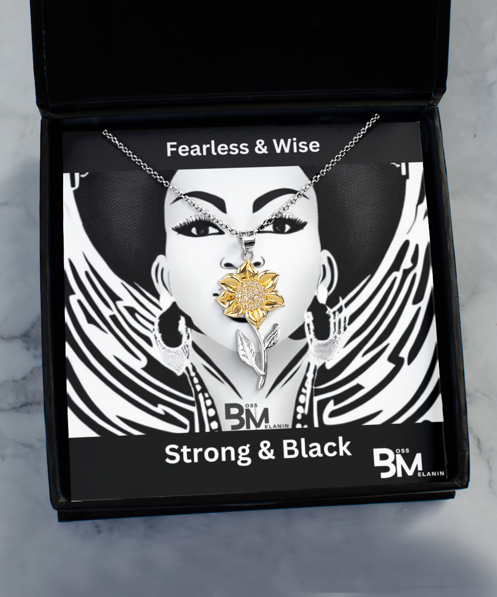 Fearless and Wise Black woman Sunflower Gold & Silver Pendant with Message Card