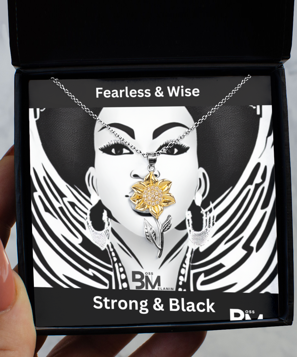 Fearless and Wise Black woman Sunflower Gold & Silver Pendant with Message Card